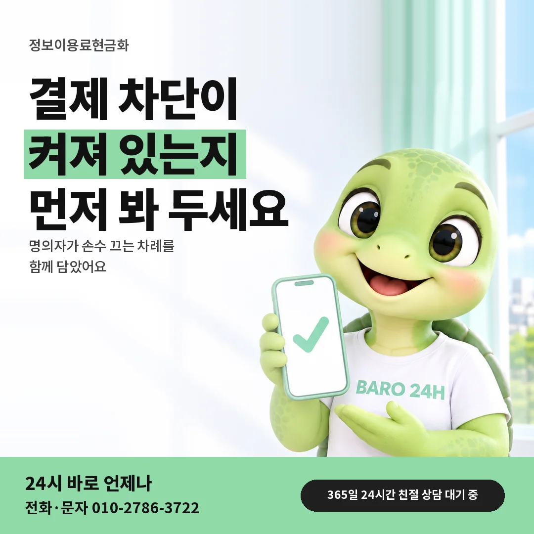 휴대폰을 든 BARO 24H 티셔츠를 입은 3D 거북이 캐릭터 옆에 「결제 차단 여부 확인」 제목을 얹은 안내 카드